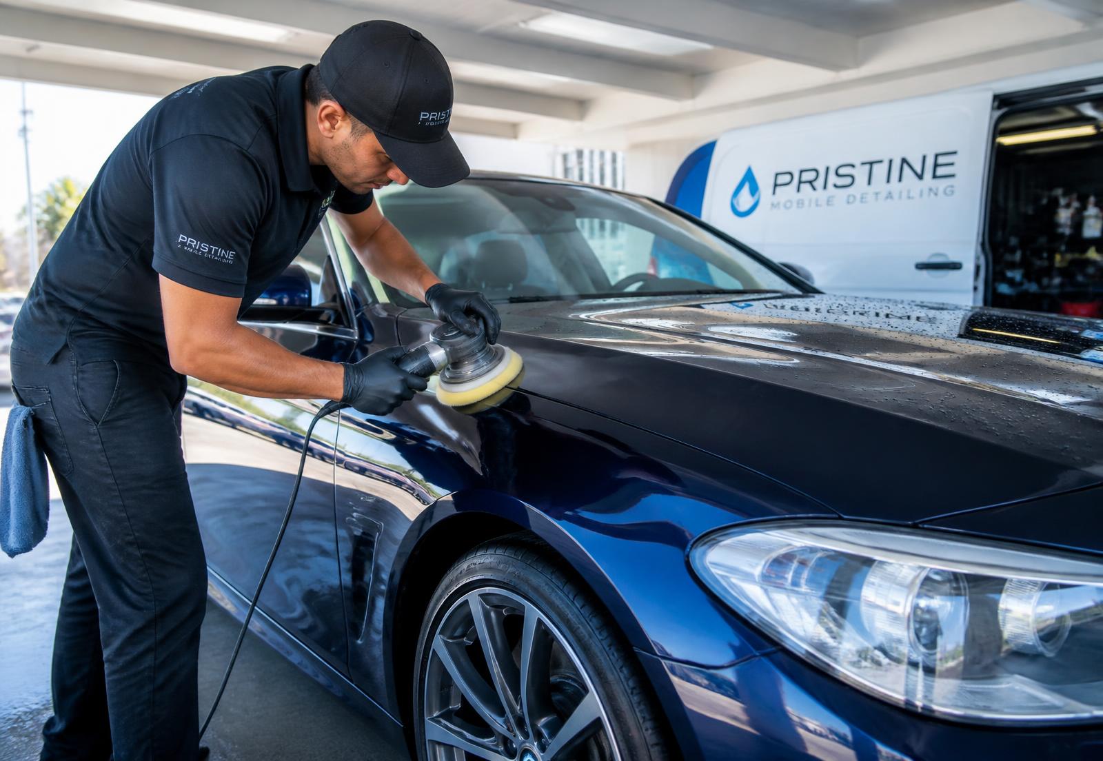 LULUMO detailer polishing a dark blue car at the customer's location